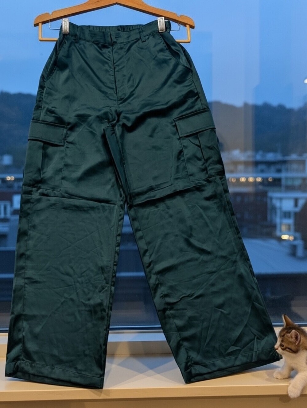 NWOT GLG Mid-2020s Y2K Revival Teal Satin High Rise Wide Leg Cargo Pants S/M Fit